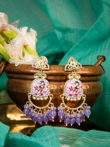 Lavender Krishna hand-painted jhumka earrings with lavender bead drops and ornate gold work, by Luxani