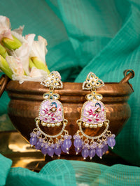 Lavender Krishna hand-painted jhumka earrings with lavender bead drops and ornate gold work, by Luxani