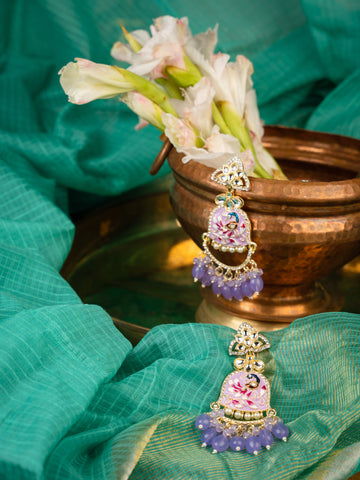 Lavender Krishna hand-painted jhumka earrings with lavender bead drops and ornate gold work, by Luxani