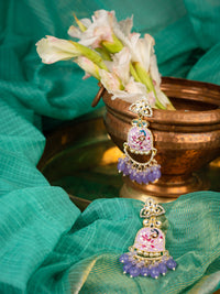 Lavender Krishna hand-painted jhumka earrings with lavender bead drops and ornate gold work, by Luxani