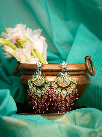Wine Cascade tall tiered gold earrings with wine and maroon bead drops, by Luxani