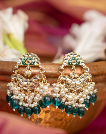 Teal Lagoon pearl-cluster baali earrings with deep teal bead drops and gold filigree, by Luxani
