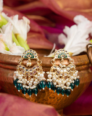Teal Lagoon pearl-cluster baali earrings with deep teal bead drops and gold filigree, by Luxani