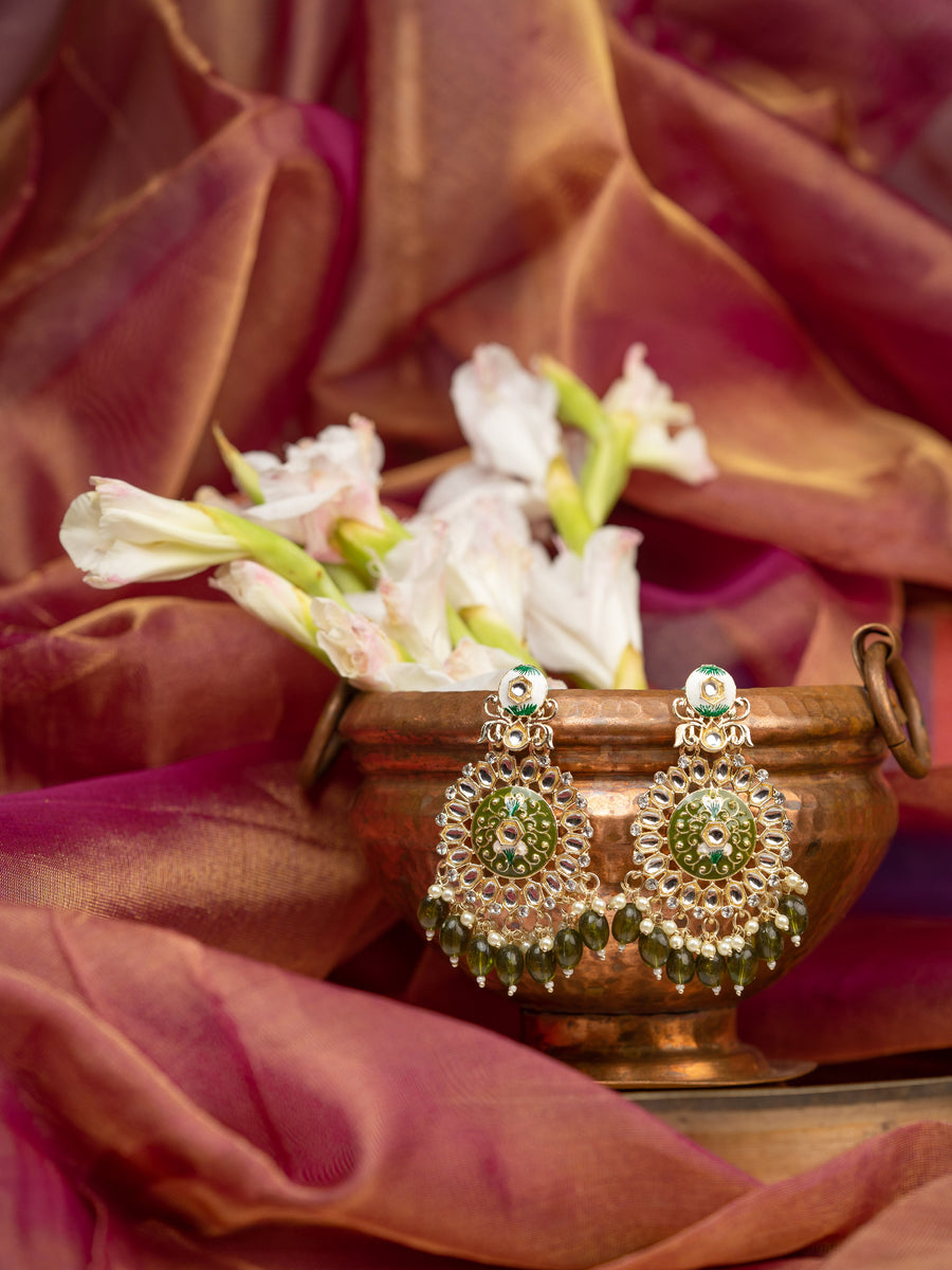 Forest Cluster gold chandelier earrings with dark forest-green bead drops, by Luxani