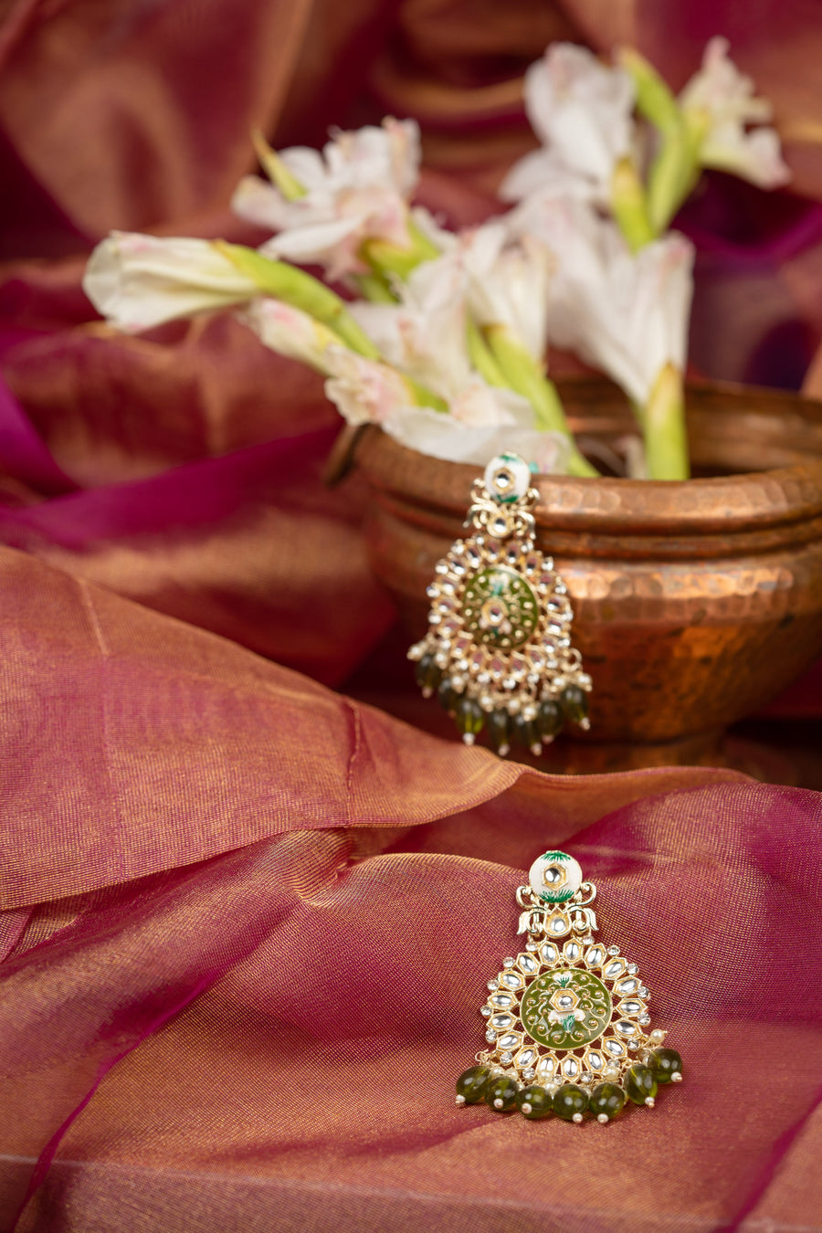 Forest Cluster gold chandelier earrings with dark forest-green bead drops, by Luxani