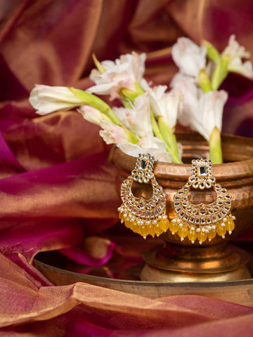 Sunshine Crescent kundan chandbali earrings with yellow bead drops, by Luxani