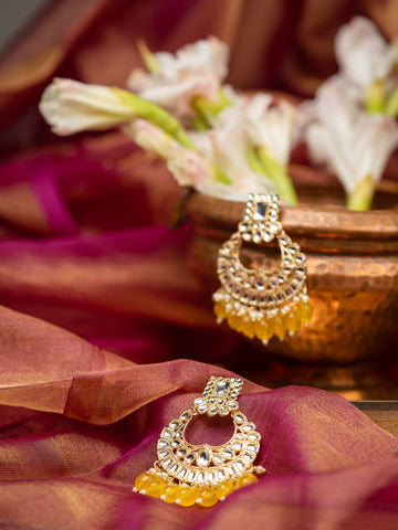 Sunshine Crescent kundan chandbali earrings with yellow bead drops, by Luxani