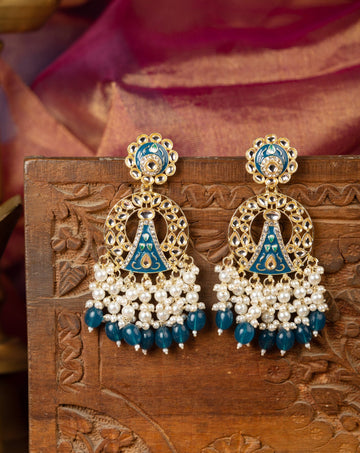 Sapphire Crescent blue meena chandbali earrings with deep navy bead drops, by Luxani