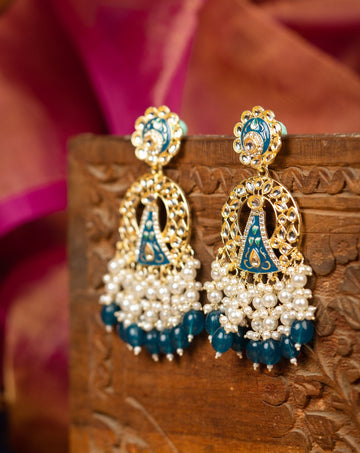 Sapphire Crescent blue meena chandbali earrings with deep navy bead drops, by Luxani