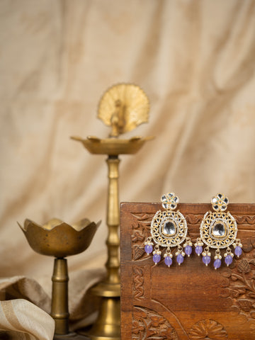 Lilac Drops gold chandelier earrings with lavender bead clusters, by Luxani