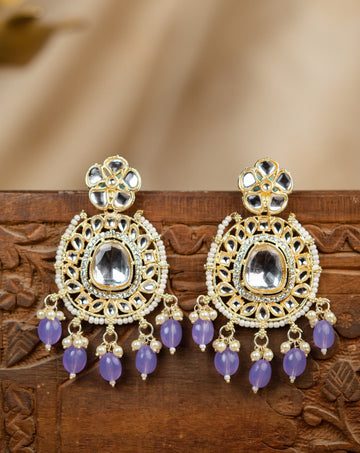 Lilac Drops gold chandelier earrings with lavender bead clusters, by Luxani