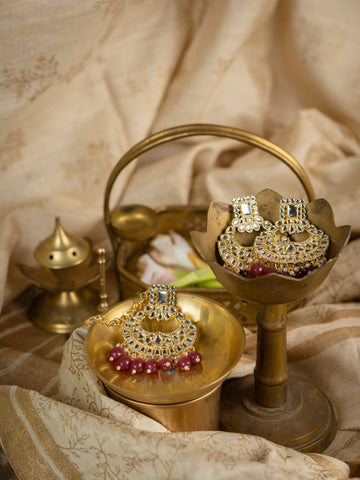 Ruby Mangtika earring and mangtika set with deep ruby red bead drops, by Luxani