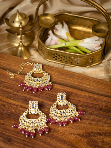 Ruby Mangtika earring and mangtika set with deep ruby red bead drops, by Luxani