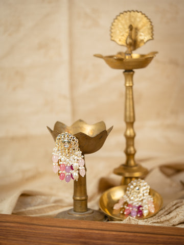 Pink Mosaic jhumka earrings with multi-shade pink, lilac and brown bead drops, by Luxani