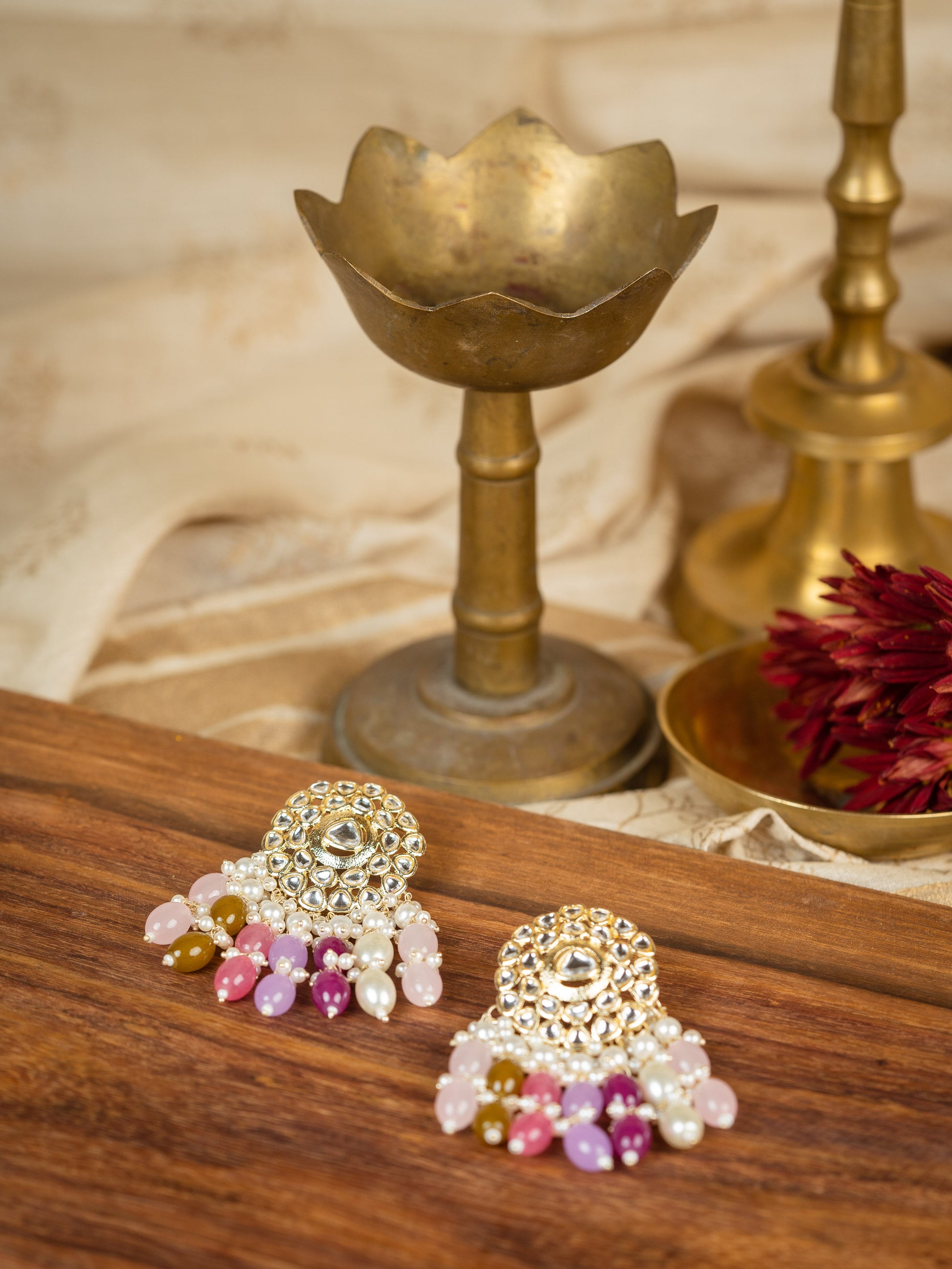 Pink Mosaic jhumka earrings with multi-shade pink, lilac and brown bead drops, by Luxani