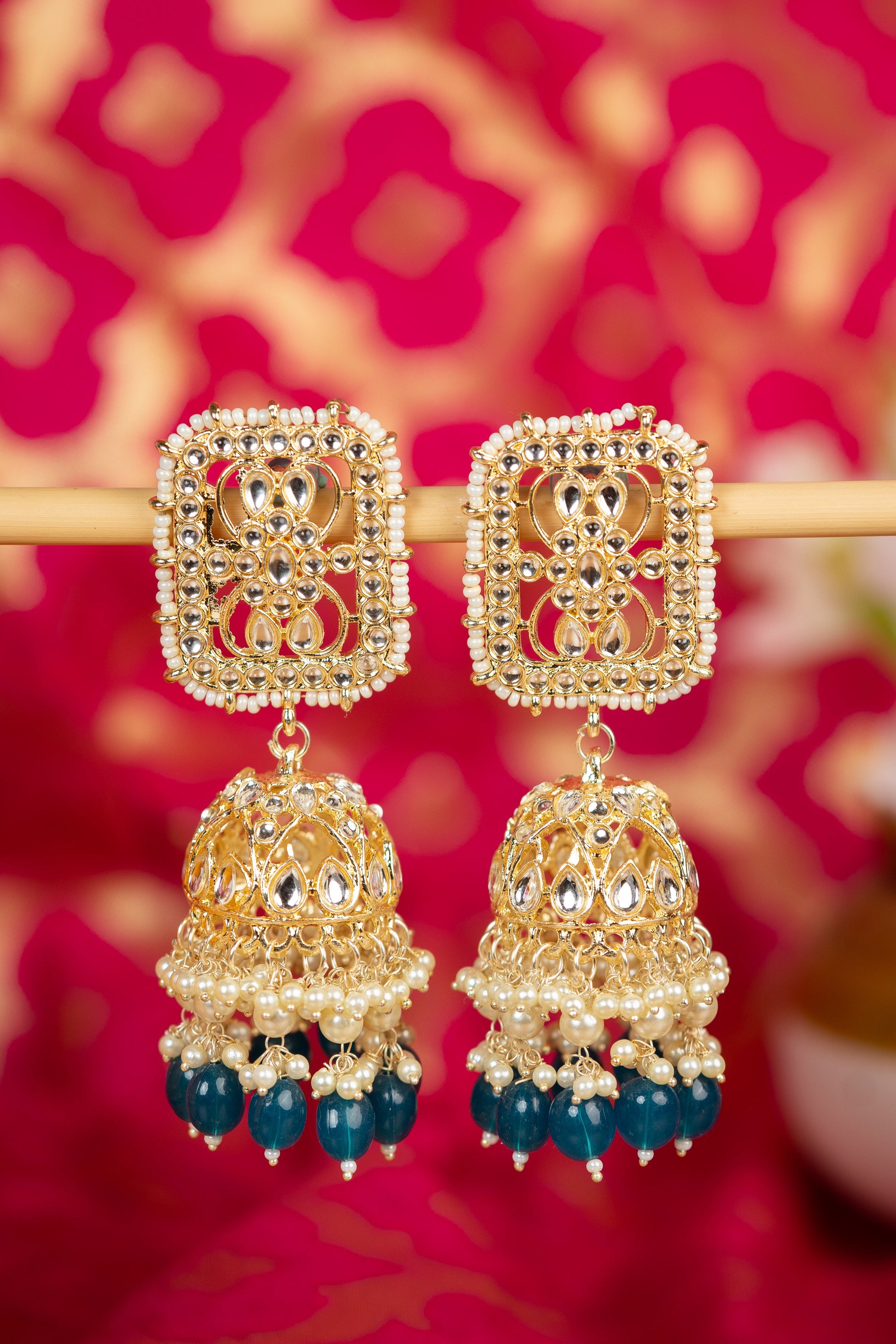 Pearl Lattice square gold filigree jhumka earrings with white pearl drops, by Luxani