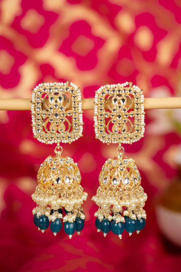 Pearl Lattice square gold filigree jhumka earrings with white pearl drops, by Luxani
