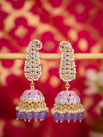Lavender Paisley elongated kundan paisley earrings with cascading lavender bead drops, by Luxani