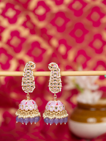 Lavender Paisley elongated kundan paisley earrings with cascading lavender bead drops, by Luxani