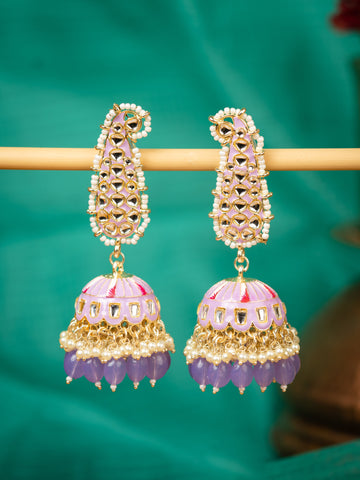 Lavender Paisley elongated kundan paisley earrings with cascading lavender bead drops, by Luxani
