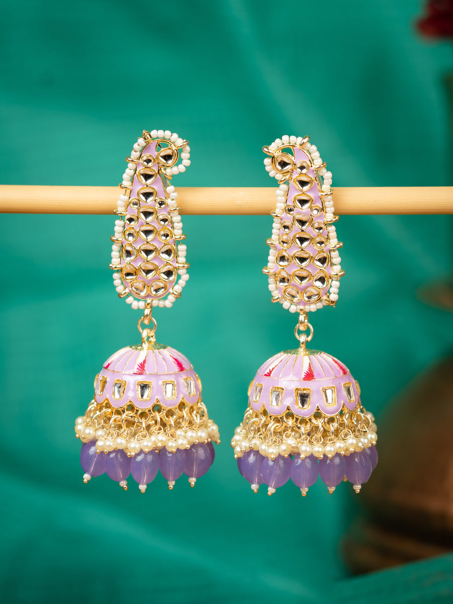 Lavender Paisley elongated kundan paisley earrings with cascading lavender bead drops, by Luxani