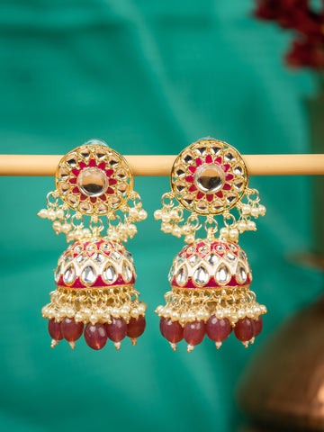 Ruby Meenakari red and green meenakari jhumka earrings with crimson bead drops, by Luxani