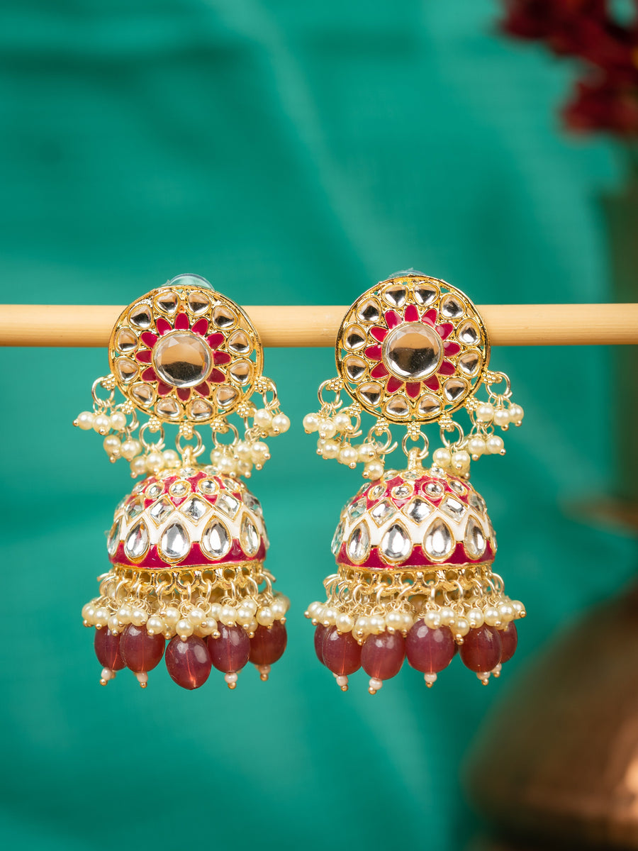 Ruby Meenakari red and green meenakari jhumka earrings with crimson bead drops, by Luxani