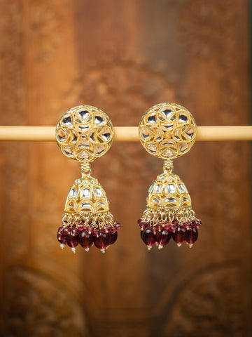 Maroon Jhumka gold earrings with deep maroon bead drops, by Luxani