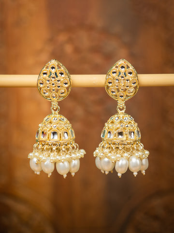 Pearl Jhumka gold earrings with white pearl drops, by Luxani
