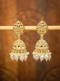 Pearl Jhumka gold earrings with white pearl drops, by Luxani
