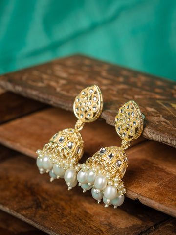 Pearl Jhumka gold earrings with white pearl drops, by Luxani