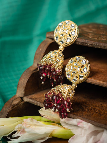 Maroon Jhumka gold earrings with deep maroon bead drops, by Luxani