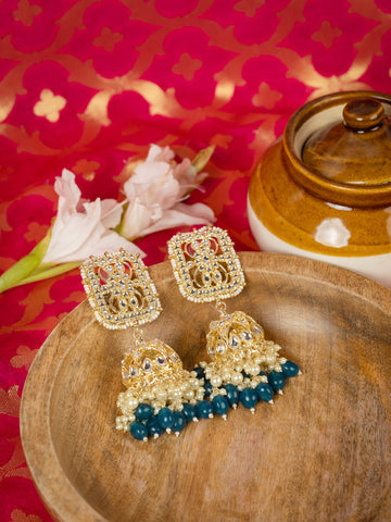 Pearl Lattice square gold filigree jhumka earrings with white pearl drops, by Luxani