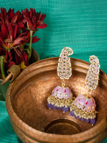 Lavender Paisley elongated kundan paisley earrings with cascading lavender bead drops, by Luxani