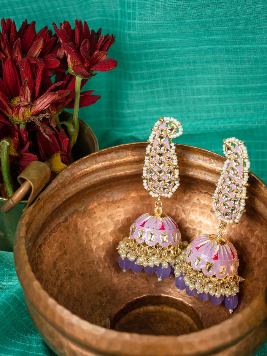 Lavender Paisley elongated kundan paisley earrings with cascading lavender bead drops, by Luxani