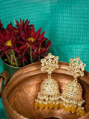 Honey Lattice yellow gold-lattice filigree jhumka earrings, by Luxani
