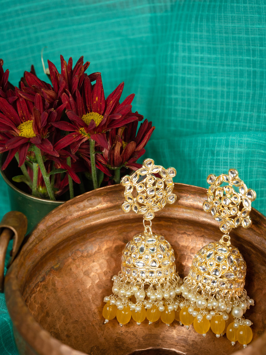 Honey Lattice yellow gold-lattice filigree jhumka earrings, by Luxani