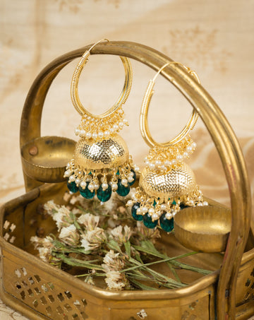 Emerald Hoop gold hoop and jhumka earrings with emerald green bead drops, by Luxani