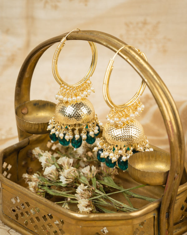 Emerald Hoop gold hoop and jhumka earrings with emerald green bead drops, by Luxani