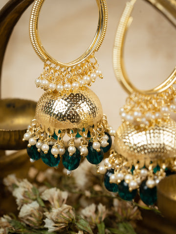 Emerald Hoop gold hoop and jhumka earrings with emerald green bead drops, by Luxani