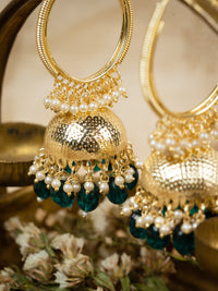 Emerald Hoop gold hoop and jhumka earrings with emerald green bead drops, by Luxani
