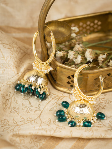 Emerald Hoop gold hoop and jhumka earrings with emerald green bead drops, by Luxani