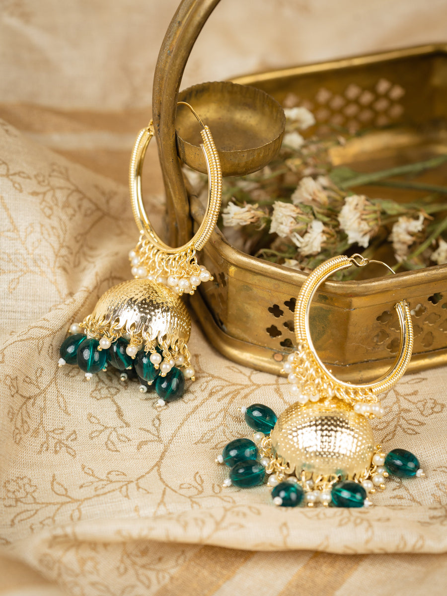 Emerald Hoop gold hoop and jhumka earrings with emerald green bead drops, by Luxani