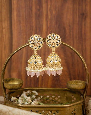 Blush Jhumka gold earrings with soft blush pink bead drops, by Luxani