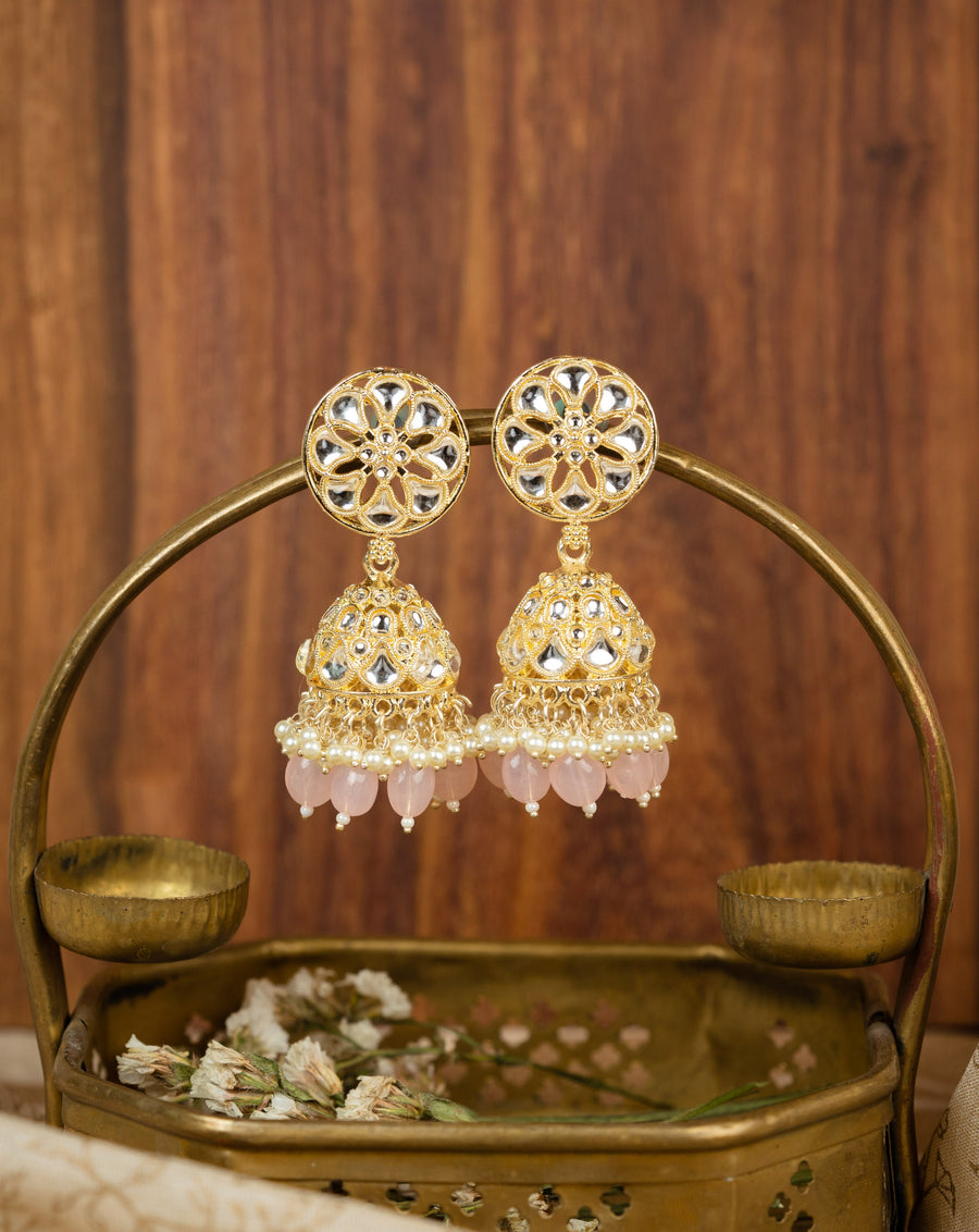 Blush Jhumka gold earrings with soft blush pink bead drops, by Luxani