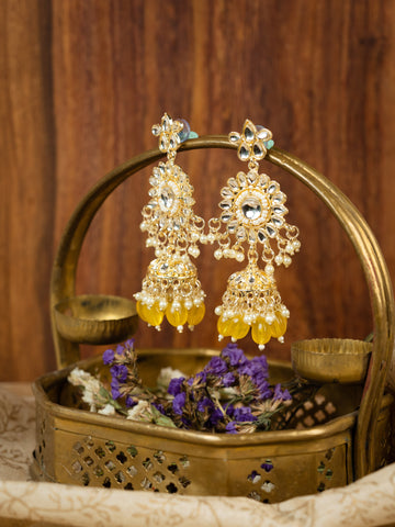 Sunshine Pearls gold chandelier earrings with pearl clusters and yellow bead drops, by Luxani