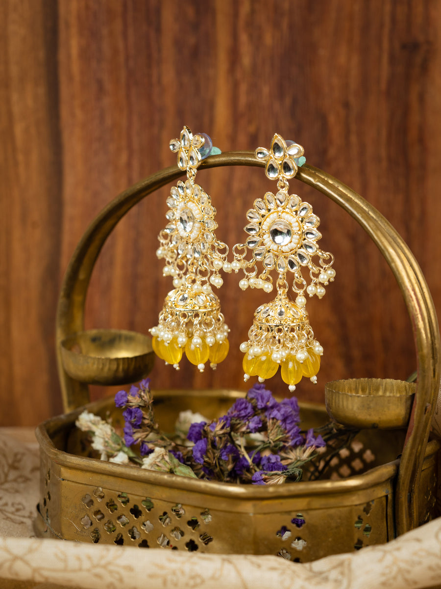 Sunshine Pearls gold chandelier earrings with pearl clusters and yellow bead drops, by Luxani