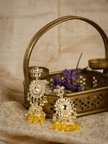 Sunshine Pearls gold chandelier earrings with pearl clusters and yellow bead drops, by Luxani