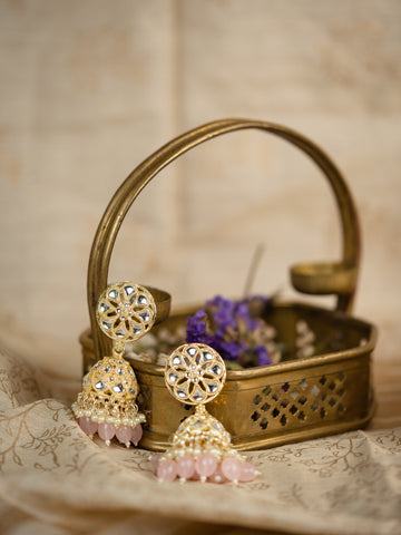 Blush Jhumka gold earrings with soft blush pink bead drops, by Luxani