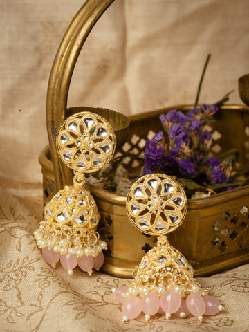 Blush Jhumka gold earrings with soft blush pink bead drops, by Luxani